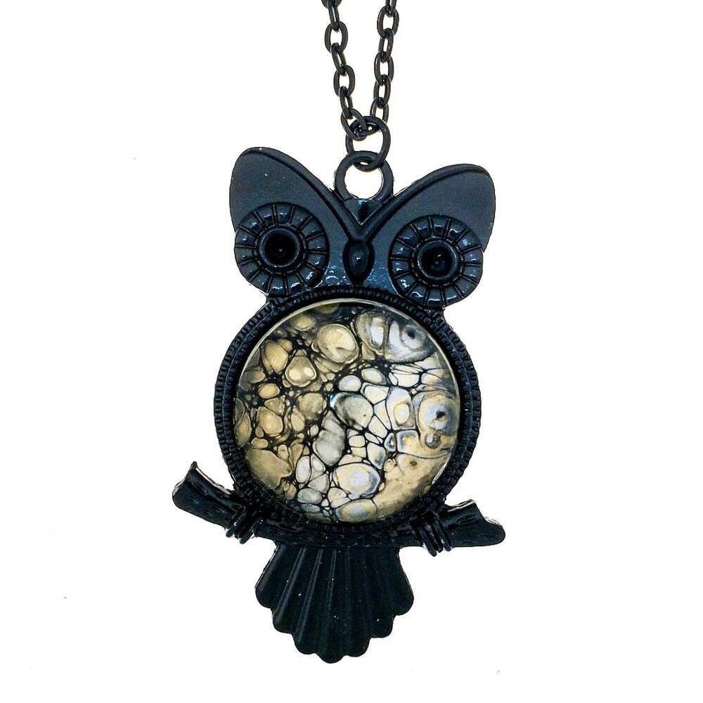 Handmade Abstract Pendant Necklace – Silver & Gold in a Black Owl Frame